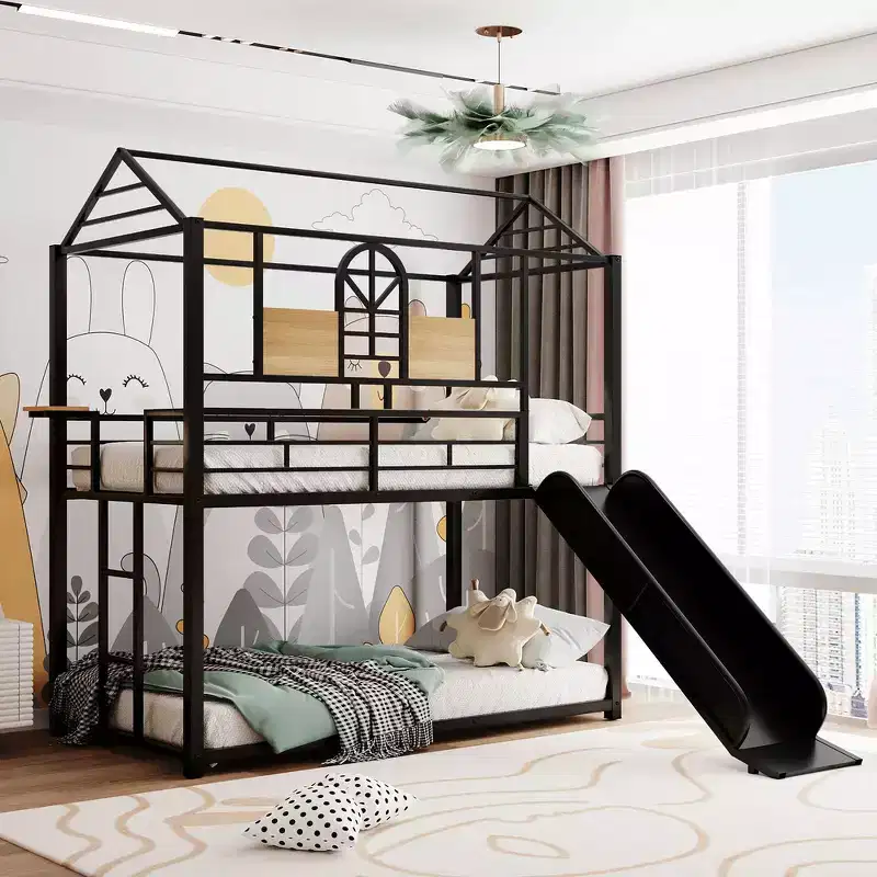 Twin Over Twin Bunk Bed & Housebed, Metal Bed Frame with Slide and Guard Rail, Ages 6+
