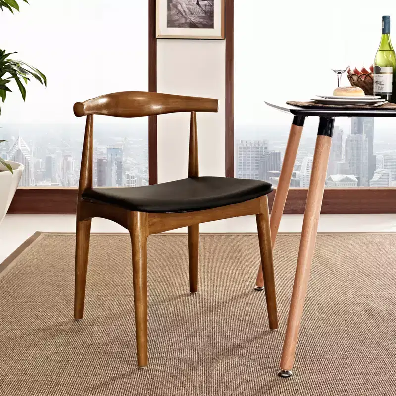Mid-Century Dining Side Chair, Black Vinyl Upholstery with Wood Frame, No Assembly