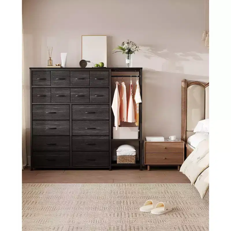 16 Drawers Dresser for Bedroom, Clothes Storage Organizer with Hanging Rack, 51 Tall Chest of Drawers with Fabric Bins, Large Closet Dresser