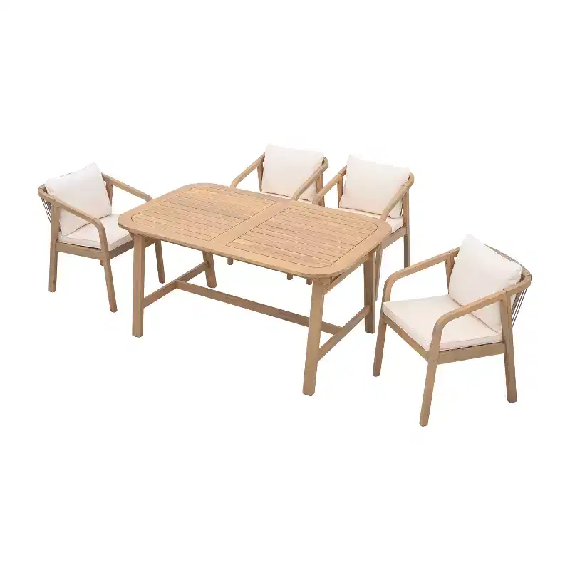 Christopher Knight Home Olcott 5 Piece Outdoor Acacia Wood Dining Set with Expandable Table and Woven Rope Armchairs
