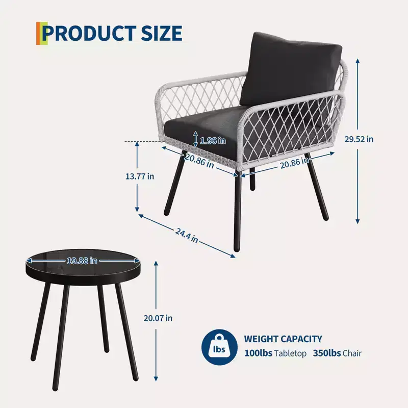 TROPOW 3-Piece Grey Outdoor Patio Furniture Set C L-Shaped Rattan Sofa with Coffee Table & Cushions for Garden/Balcony (Boho Style)