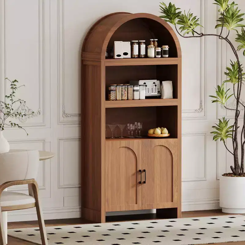 71 Tall Arched Storage Cabinet with Open Shelves & Doors, 5-Tier Modern Bookcase for Dining Room, Kitchen, or Living Room - Brown