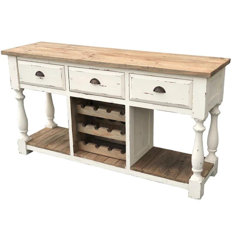 Reclaimed Pine Console with Wine Rack & 3 Drawers – White Chalk & Natural Top, Farmhouse Style