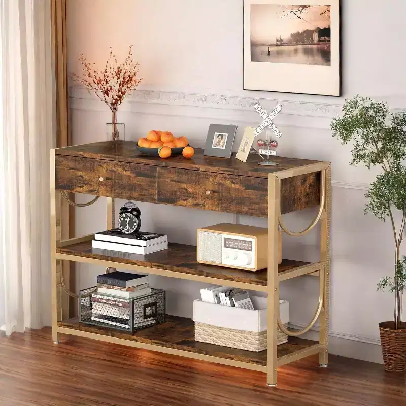 Sofa Table with Drawers, Console Table Set of 2 , Narrow Entryway Table with 3-Tier Storage Shelves, End Table for Living Room Hallway Foyer Kitchen