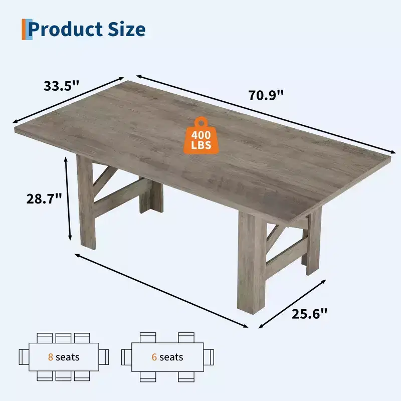 COZONY 71 Rustic Dining Table, Farmhouse Rectangular Wooden Kitchen Table for 6-8, Thick Rectangle Tabletop, Heavy-Duty Base