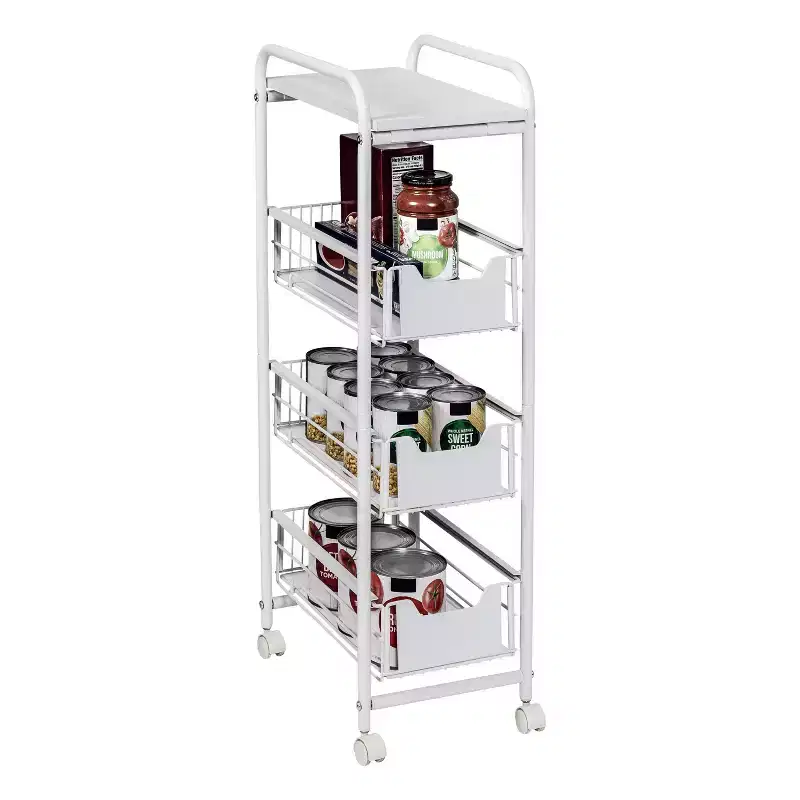 4 Tier Slim Cart with Pull-Out Baskets: Black Kitchen Cart, Powder-Coated Steel, Locking Wheels
