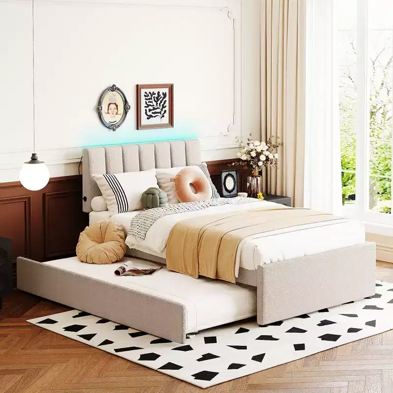 Double upholstered platform bed with pull-out bed frame and LED lights