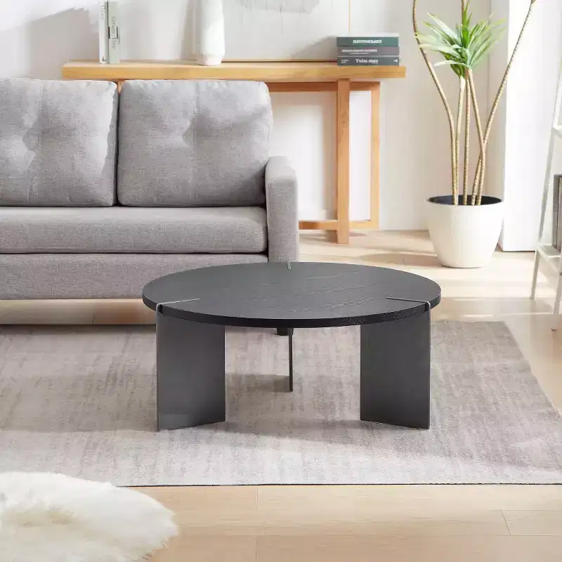 Round Coffee Table with Walnut Wood Top and Black Metal Base,Modern Centerpiece for Living Room - Panipeachy