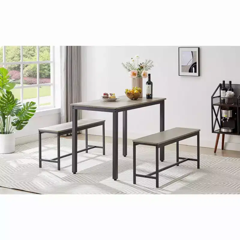 3 Piece Dining Table Set, Dining Room Table Set with 2 17.4 h Benches, Steel Frames, Industrial Bar Table Set, Dining Table Set