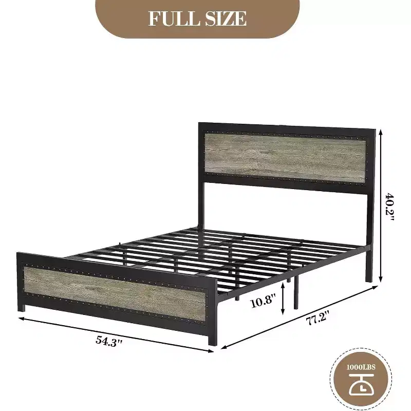 Industrial Platform Bed Frame with Headboard, Sturdy Metal Slatted Frame, No Box Spring Needed, Easy Assembly Bedroom Bed
