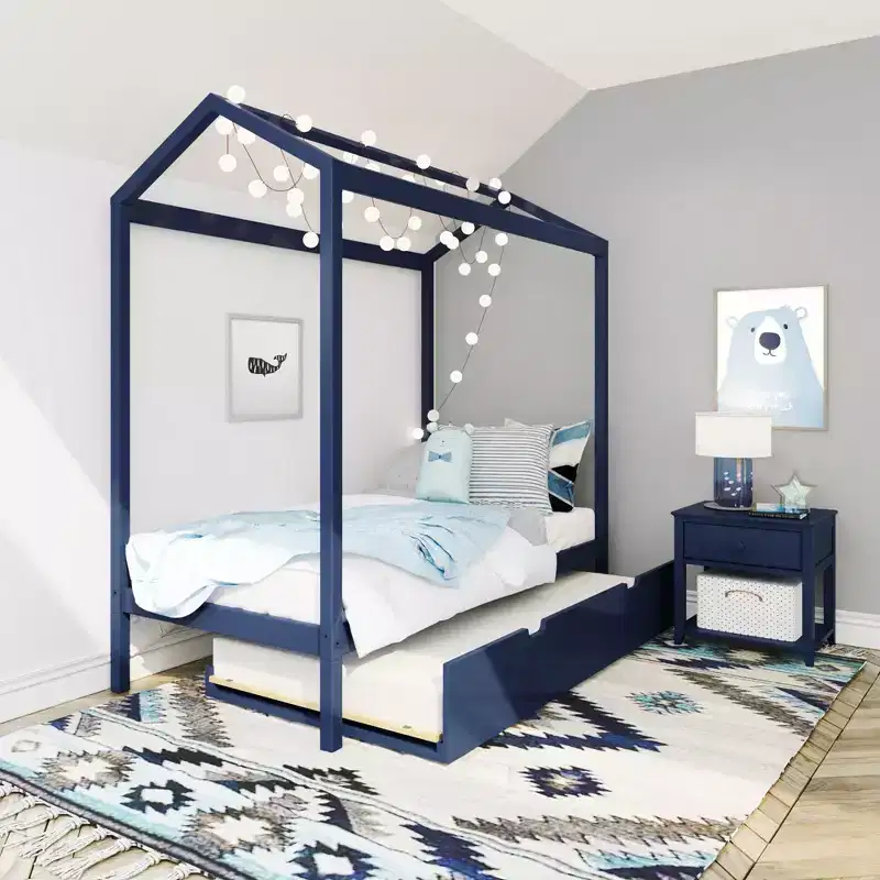 Max & Lily Twin Size Solid Wood House Bed Frame with Storage Trundle and Roof for Kids Bedroom