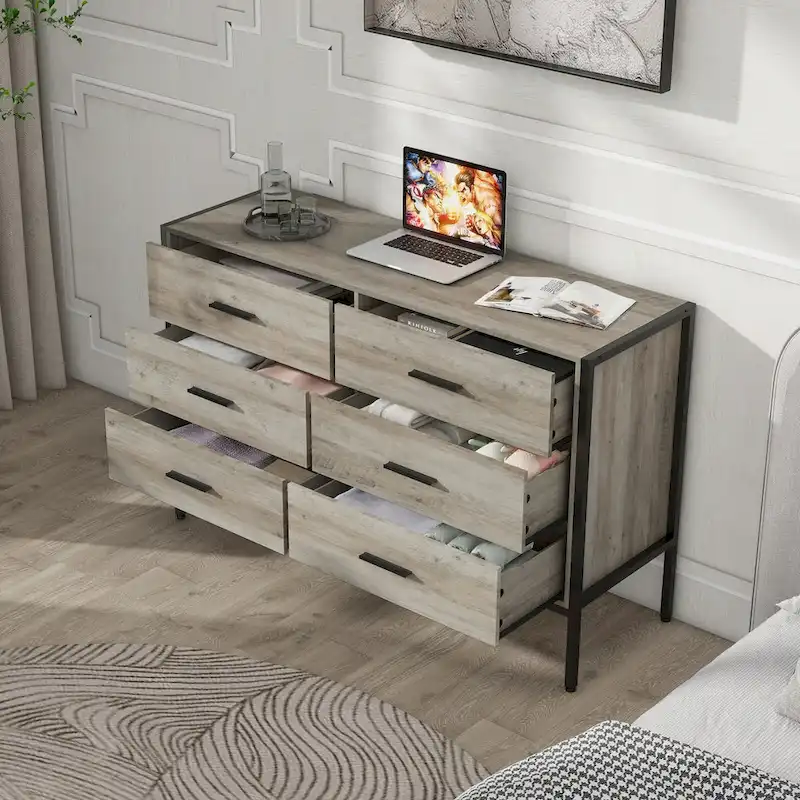 Wood Dresser with 6 Drawers, Solid Clothes Cabinet with Sturdy Steel Frame, 48.58W15.75D31.22H, 48 inch, Rustic Grey