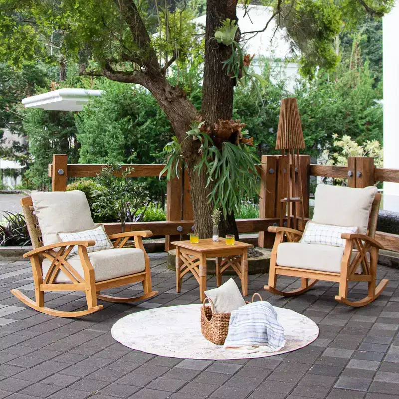Sonoma Lane Eola 3pc Teak Outdoor Rocker Conversation Set with Tan Zippered Cushions - Weather-Resistant