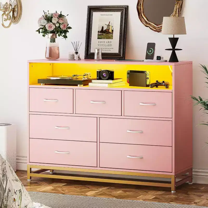 Zstar Modern 7 Drawers with Led Lights and Charging Station for Living Room, Hallway