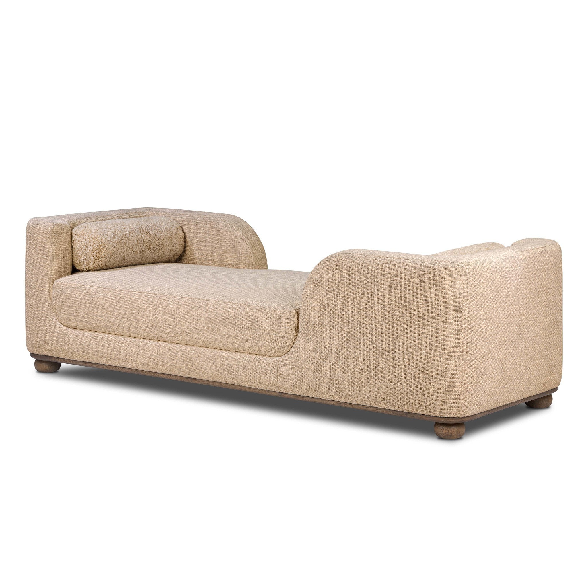 Pill Shaped Oak Frame Beige Shearling Bolster Bun Leg Chaise
