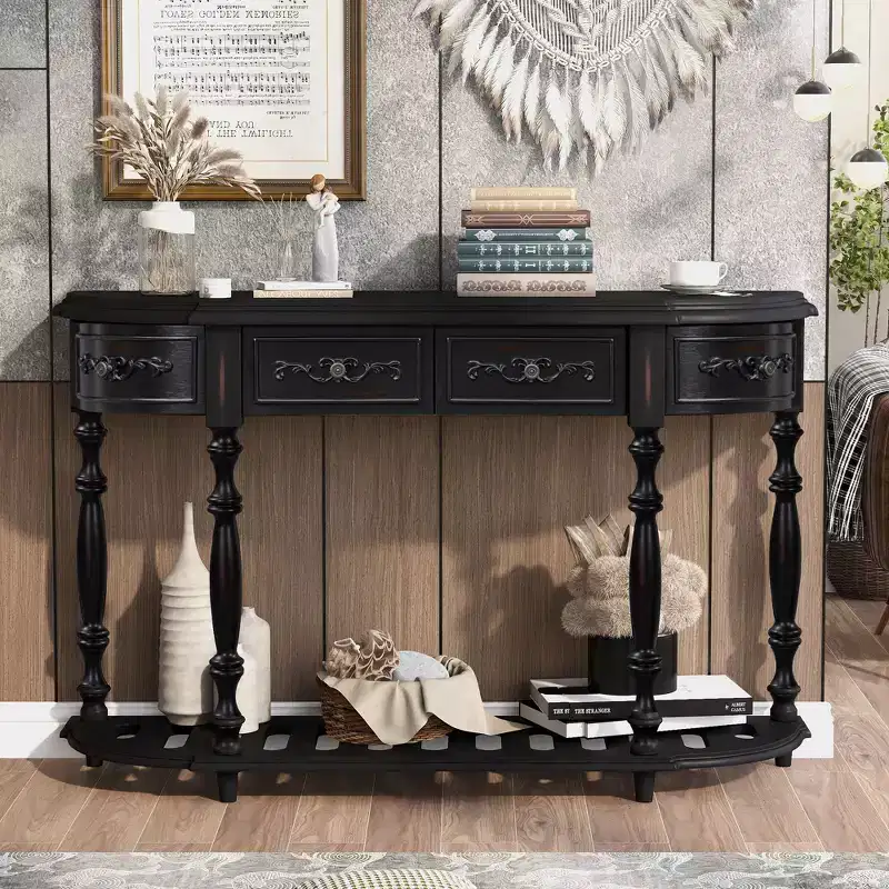 52IN Vintage Curved Console Table with Exquisite Carvings, Entryway Table with 4 Drawers and 1 Shelf, Accent Table for Living Room, Black