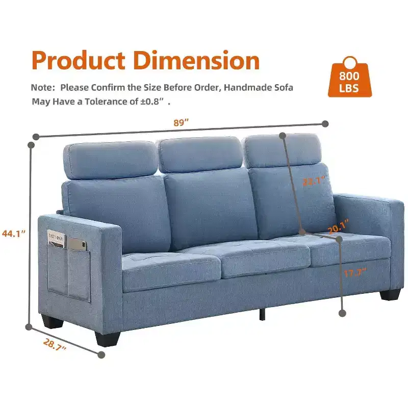 3-Seat Upholstered Sofa with Removable Headrests and Side Pockets