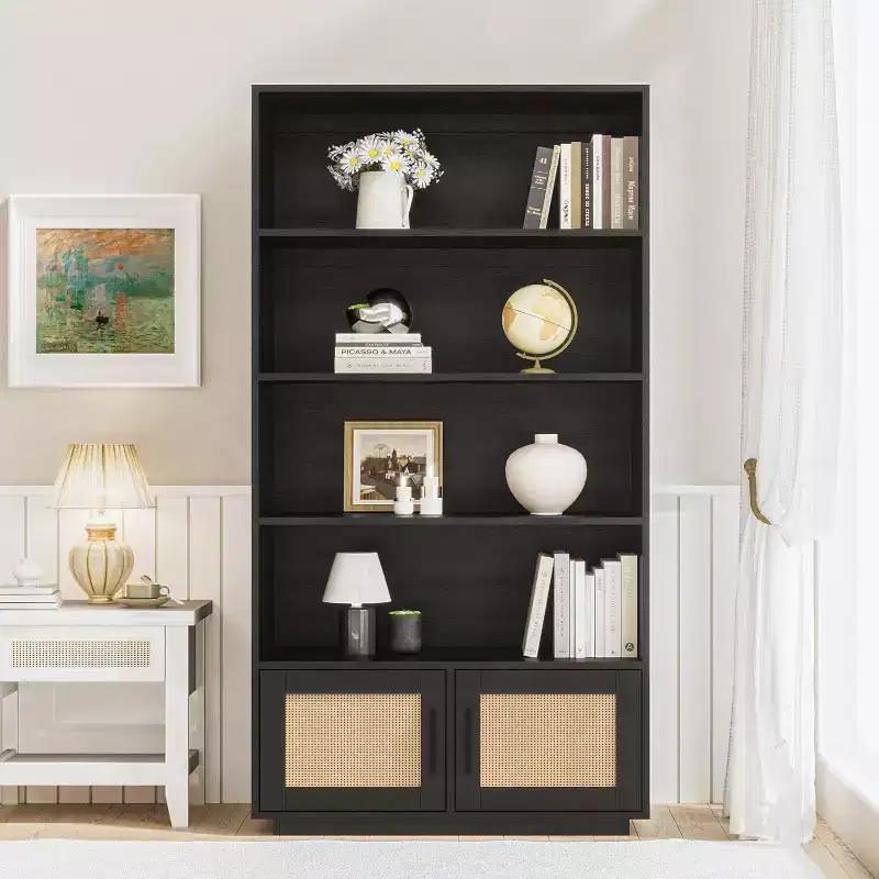 5-Tier Wooden Bookcase with Rattan Doors - 63 Tall Boho Bookshelf with Storage Natural Wood & Woven Rattan