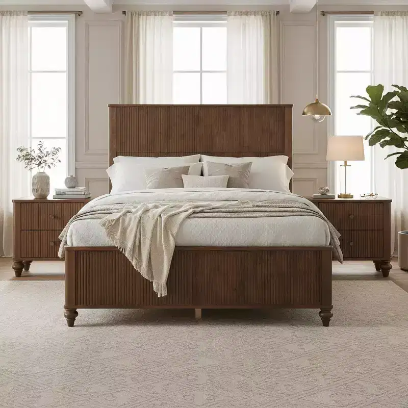 Queen/King Size Platform Bed Frame with Headboard & Footboard, Grooved Panels, Walnut/White - ModernLuxe