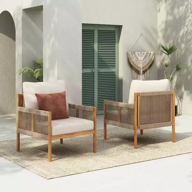 MAYEERTY Set of 2 Modern Outdoor Woven Lounge Chairs, Solid Wood Frame Comfortable Polyester Cushions Weather-Resistant, Patio Garden Balcony