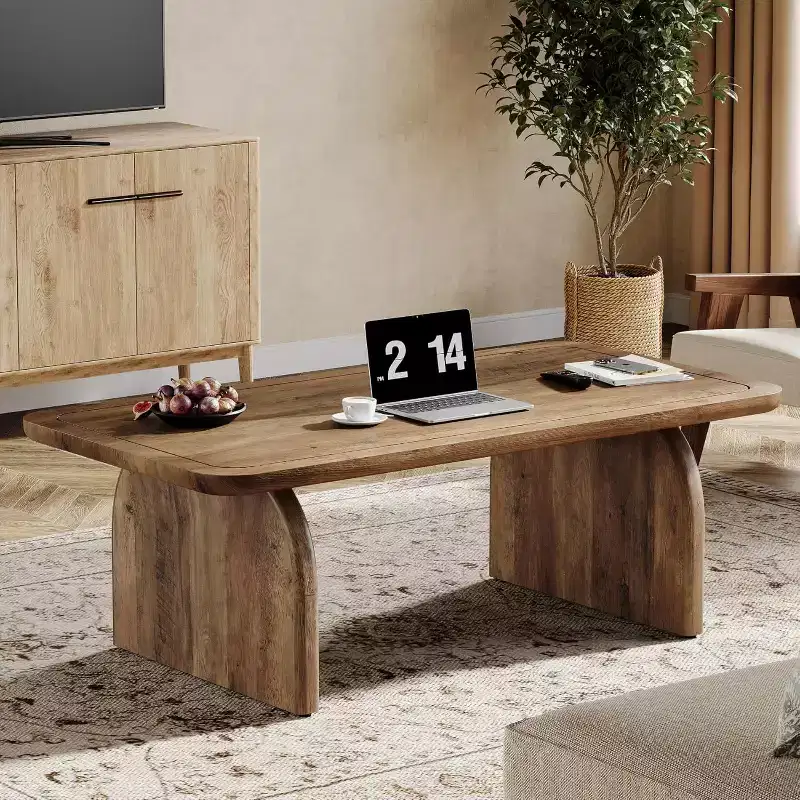 47-Inch Wood Farmhouse Rectangle Coffee Table, Low Cocktail Tea Table, Easy Assembly