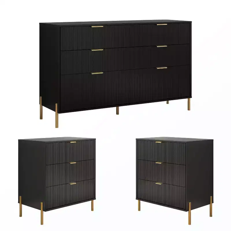 Festivo 3pc Modern Elegance 3 Drawer Nightstands and 6 Drawer Dresser Set Black