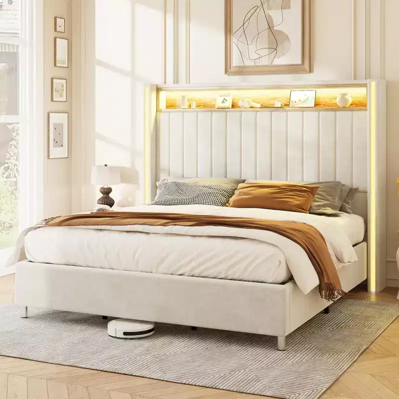 Bed Frame with LED Lights and Charging Station, 53 Tall Storage Headboard