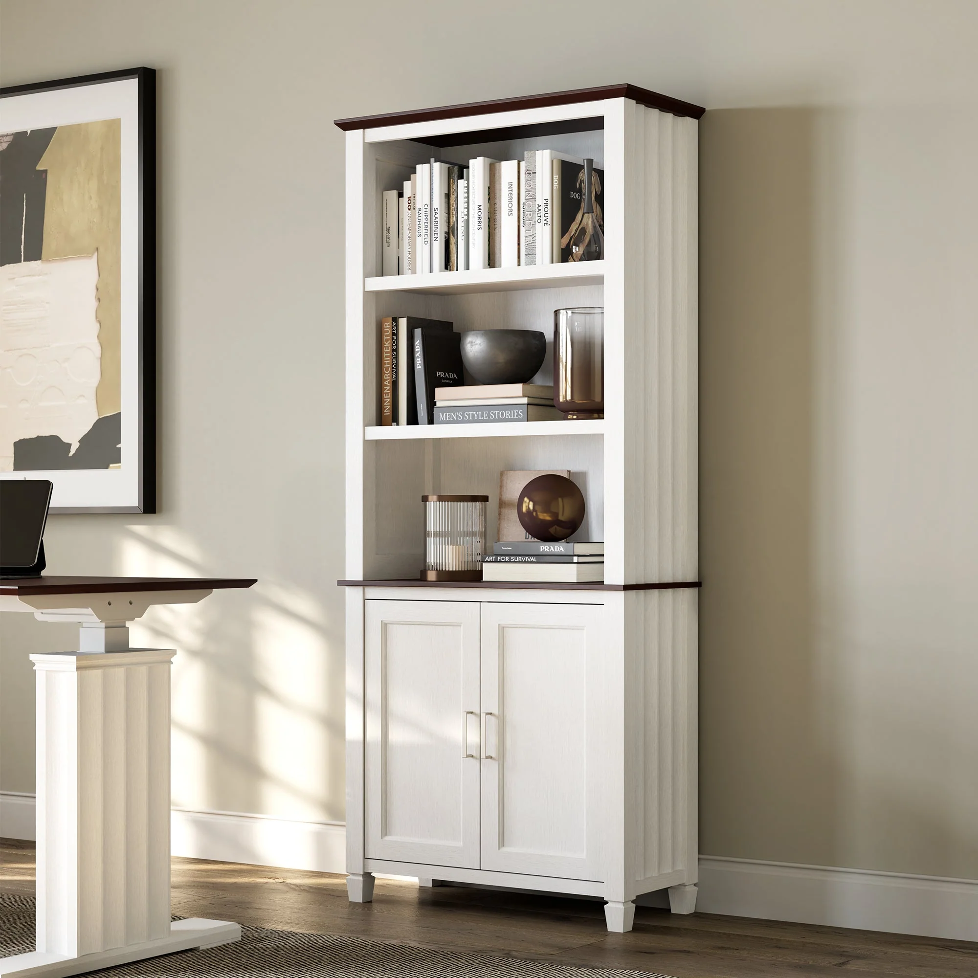 71'' Display Bookshelf with Storage Cabinet, Wave Pattern, White