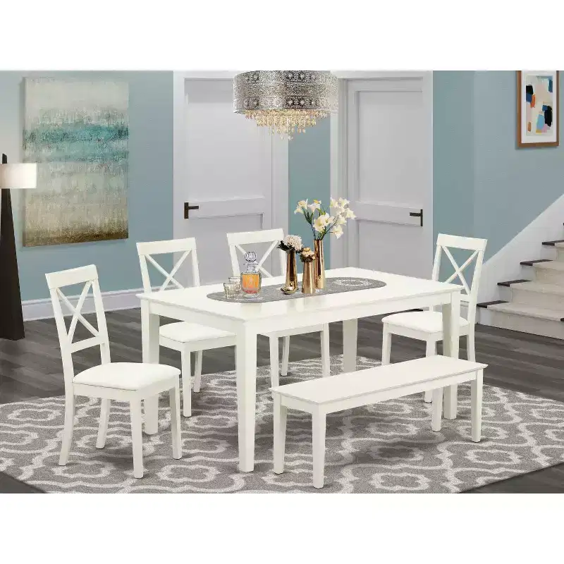 6-Piece Rectangle Dining Table Set with Bench & 4 Chairs, Linen White