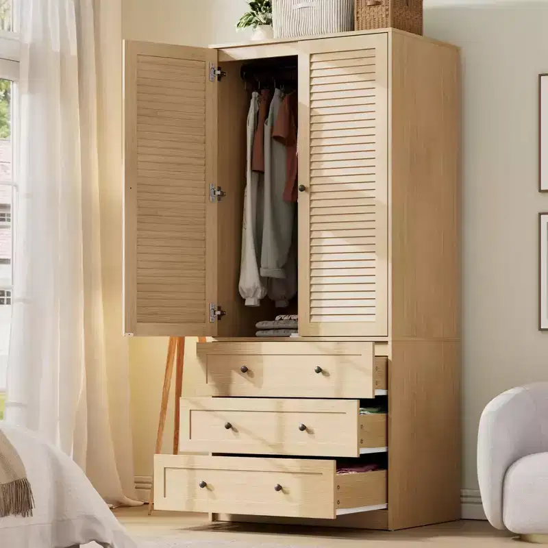 69.5 Wooden Wardrobe Armoire with 2 Louvered Doors, Freestanding Closet with Hanging Rod & Large Storage Cabinet for Bedroom, Natural