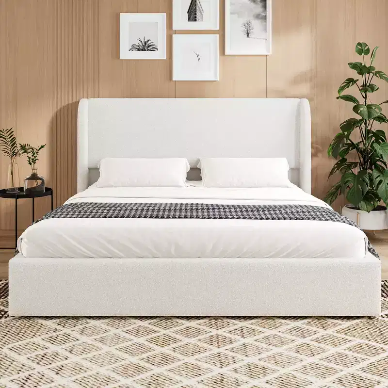 GDFStudio Tracy Boucle Upholstered Wingback Bed Frame with Headboard, Metal Legs and Slats