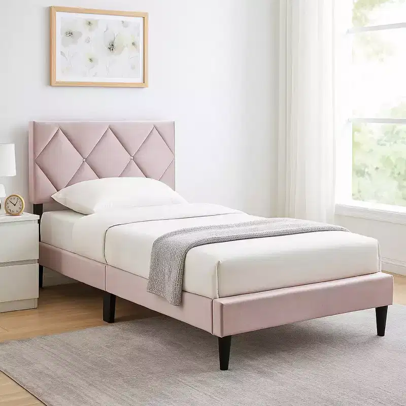 Twin Bed with Tufted Light Pink Velvet Upholstery & Diamond Stitch Headboard