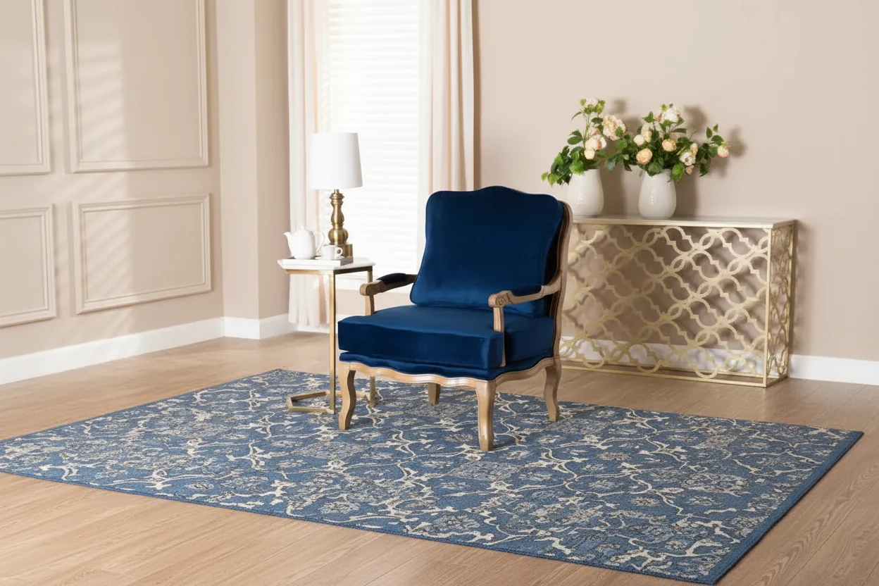Traditional Navy Blue Fabric Accent Chair French Oak Wood