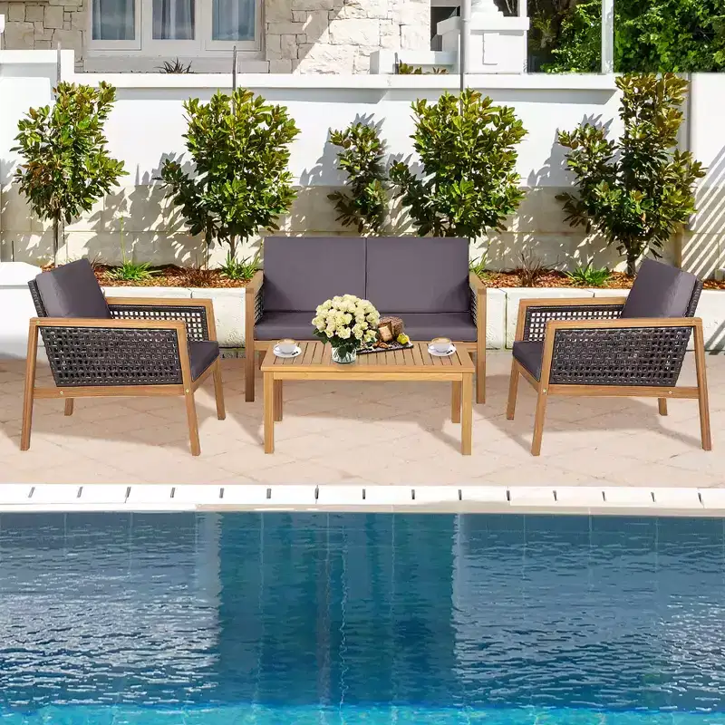 Costway 4PCS Patio Rattan Furniture Set Acacia Wood Cushioned Sofa Off