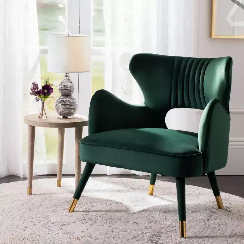 Wingback Accent Chair in Shale & Gold – Velvet Upholstery, Wood Frame, 275 lb Capacity