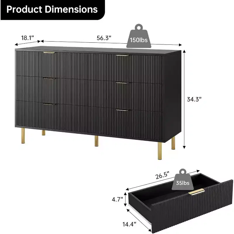 Dresser, Modern 6 Drawer Dresser for Bedroom with Gold Handle and Large Drawer, Wood Double Chest of Drawers and Storage Organizer for Living Room