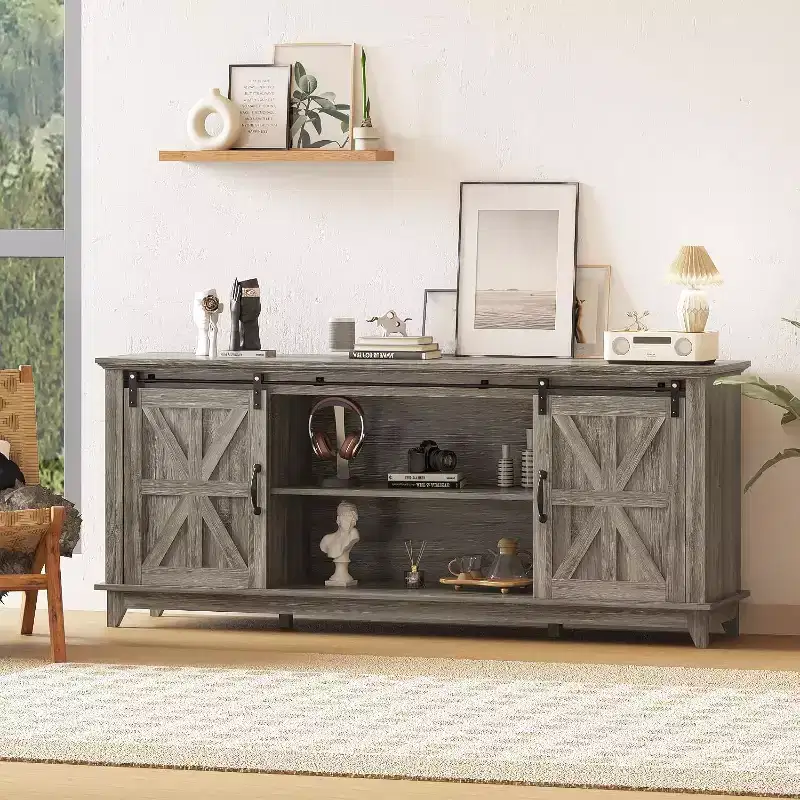 Farmhouse TV Stand for Living Room Bedroom 66 Inch, Tall Entertainment Center with Storage Shelves, Media Console Cabinet with liding Barn Door