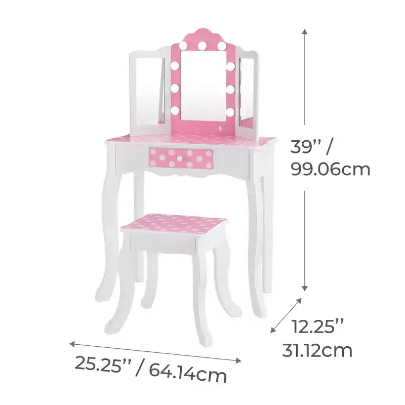 Fantasy Fields Gisele Polka Dot Kids Vanity Table & Stool with LED, White & Pink