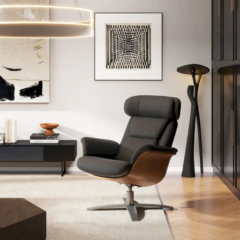31.5 Curved Wood Genuine Leather Recliner Lounge Chair