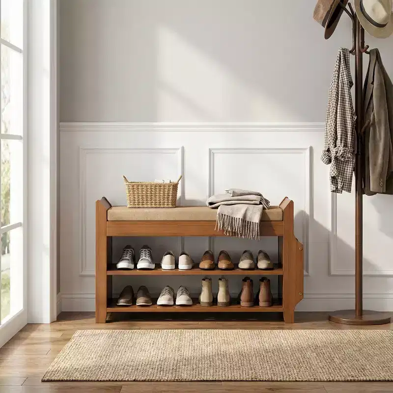 ELECWISH 31.5 Bamboo Shoe Bench with Storage - 2-Tier Shoe Rack, Hidden Drawer & Side Organizer, Brown