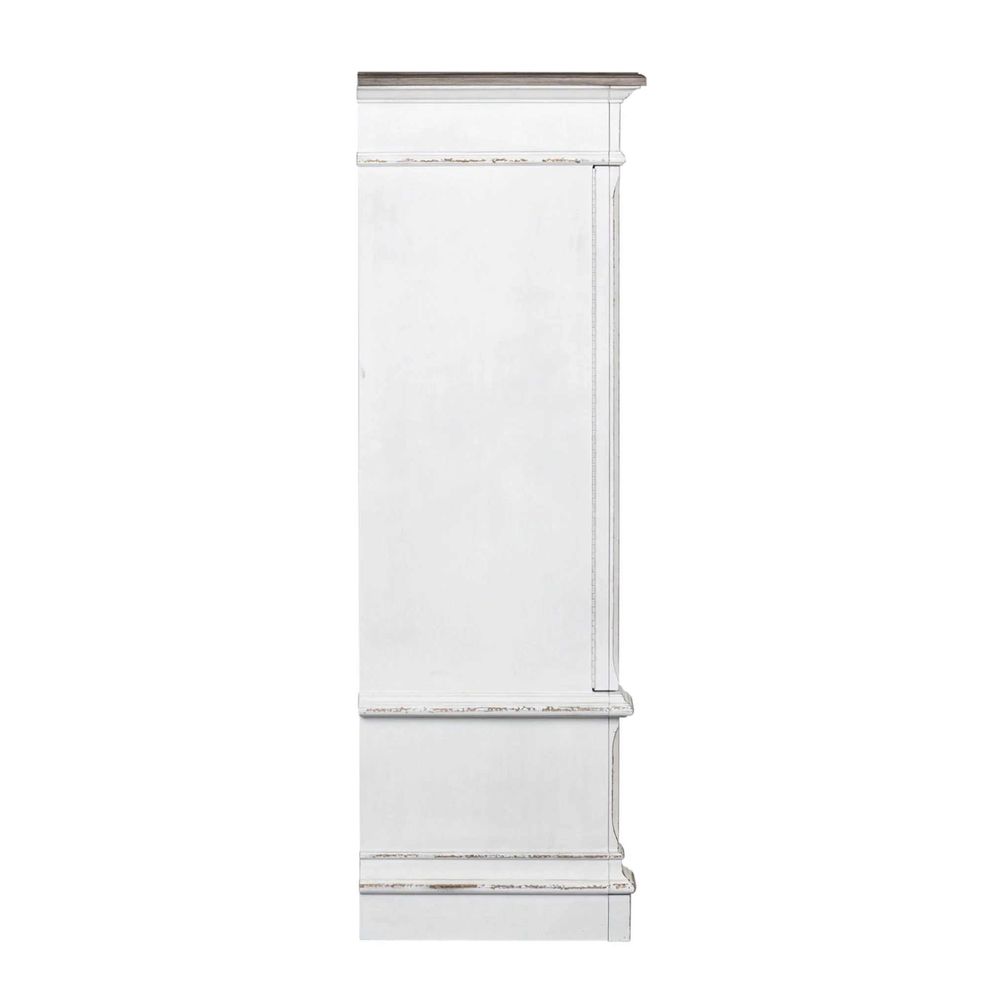 Mirrored Door Chest - Antique White — Bail and drop ring hardware in antique pewter add the finishing touch to the cases