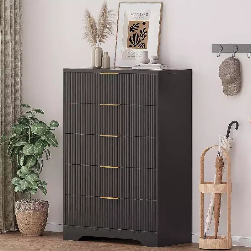 47 Inch Tall Fluted 5 Drawer Dresser with Gold Handles, Wood Tone Finish Storage Cabinet for Bedroom Closet and Entryway