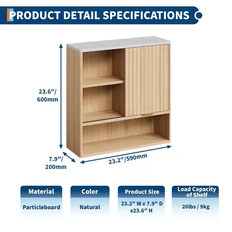 23Modern Fluted Wall Cabinet with Sliding Door, Faux Marble Top & Adjustable Shelf, Curved Medicine Cabinet for Bathroom or Laundry Room