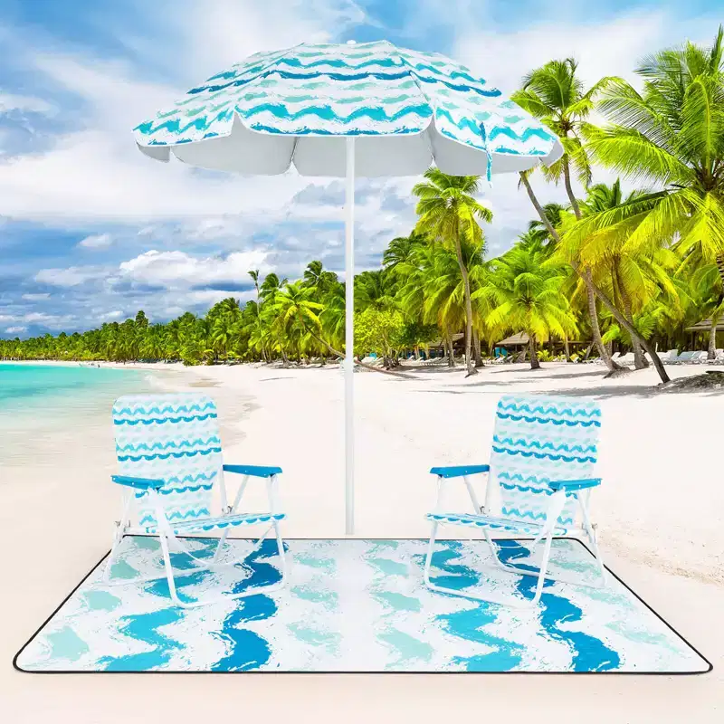 Costway 4 PCS Beach Umbrella Set with 2 Foldable Chairs & Picnic Blanket, Tilt Mechanism Blue/Pink