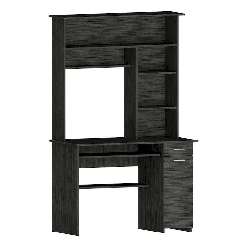 Light Grey / Dark Grey / Black Hutch Desk with 5 Shelves, Keyboard Tray, CPU Panel and Drawer for 1 Person