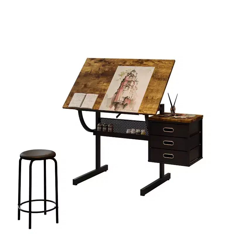 Adjustable Height Drafting Table with Stool and 3 Storage Drawers, Black