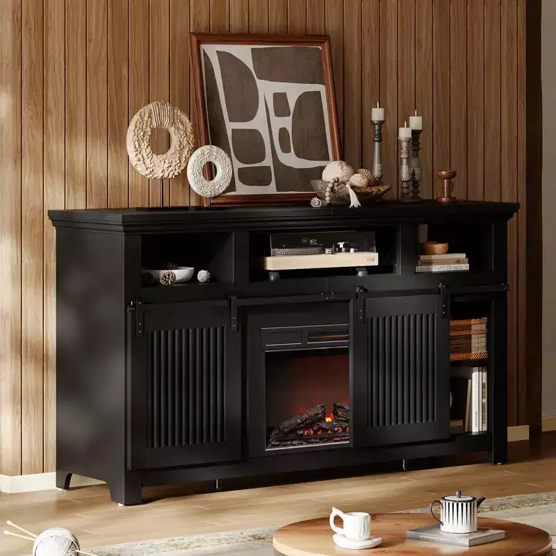 Bestier 61 Fireplace TV Stand for TVs up to 65, LED Media TV Console Entertainment Center with 23 Fireplace Heater & Cabinet With Sliding Door