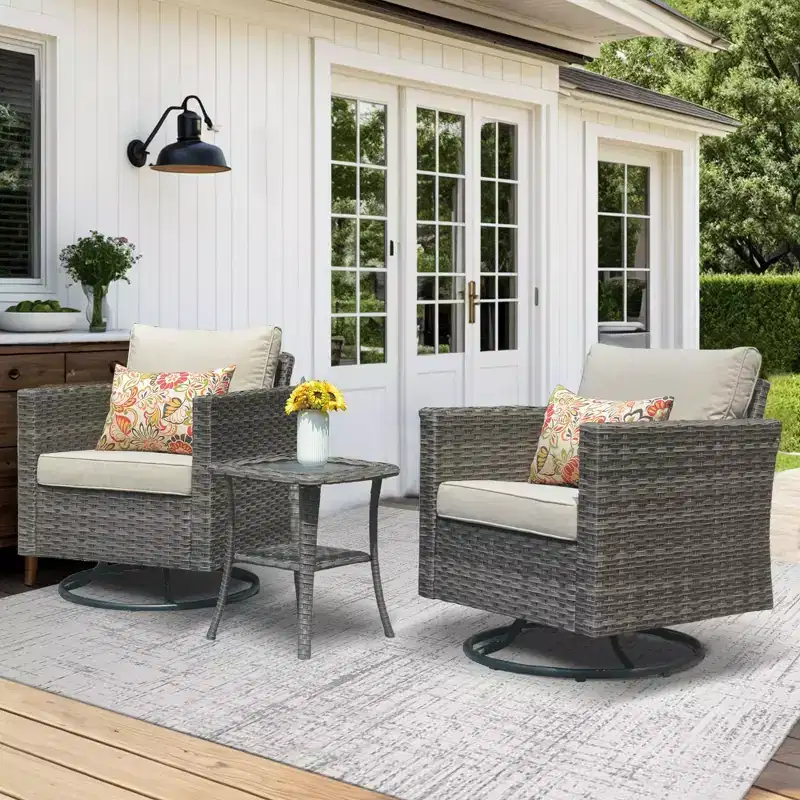 HOMLUX 3-Piece Patio Set: Swivel Rocking Chairs & Side Table in All-Weather Wicker