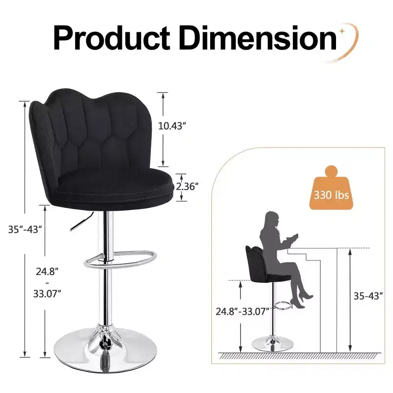 VECELO Velvet Bar Stools Set of 2/4, Adjustable Barstools with Back, Armless Counter Height Stools, Swivel Bar Chairs for Pub or Kitchen Island