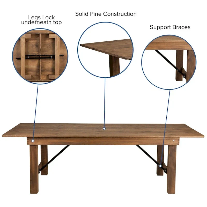 8 x 40 Rustic Folding Farm Table Set with 10 Cross Back Chairs and Cushions